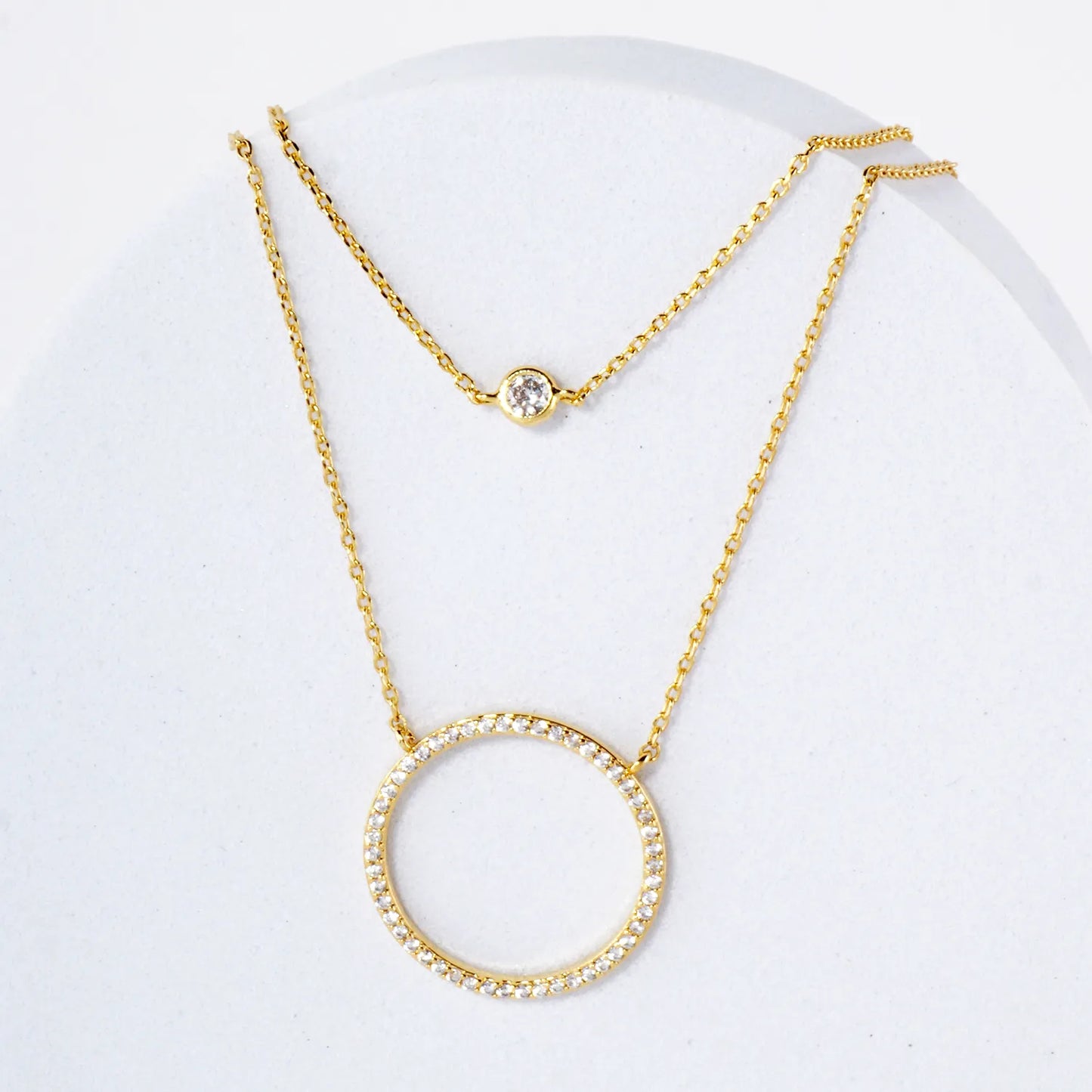 Pave-Set CZ Circle Pendant 18K-Gold-Dipped Layered Necklace