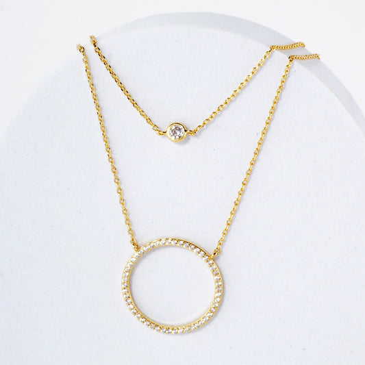 Pave-Set CZ Circle Pendant 18K-Gold-Dipped Layered Necklace