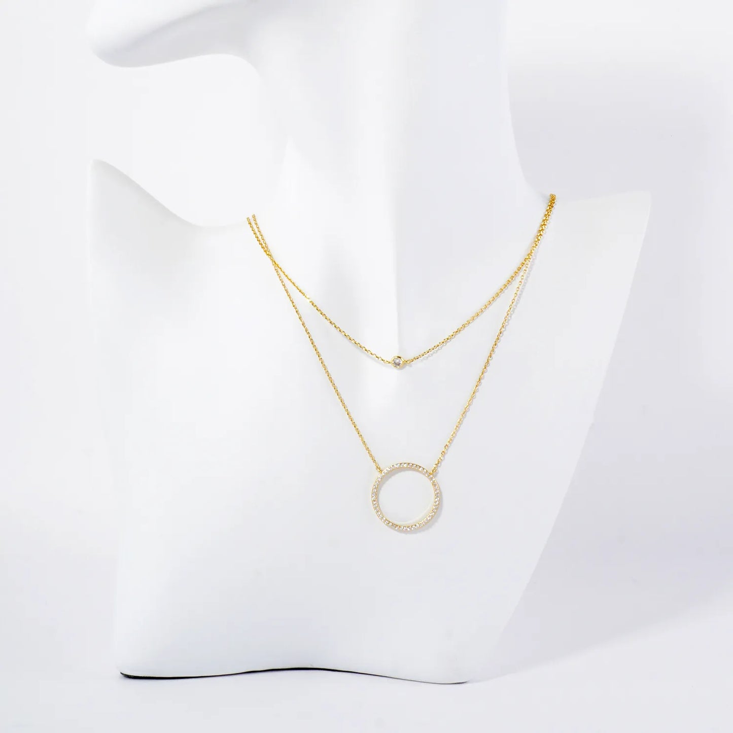 Pave-Set CZ Circle Pendant 18K-Gold-Dipped Layered Necklace