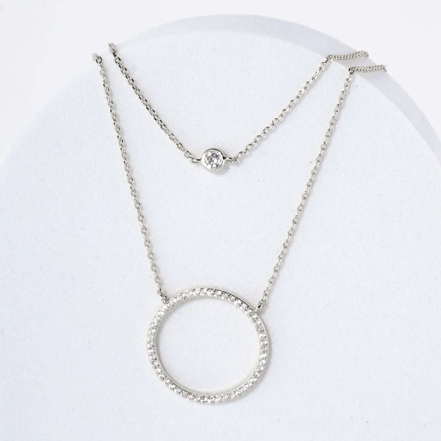 Pave-Set CZ Circle Pendant 18K-Gold-Dipped Layered Necklace