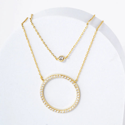 Pave-Set CZ Circle Pendant 18K-Gold-Dipped Layered Necklace