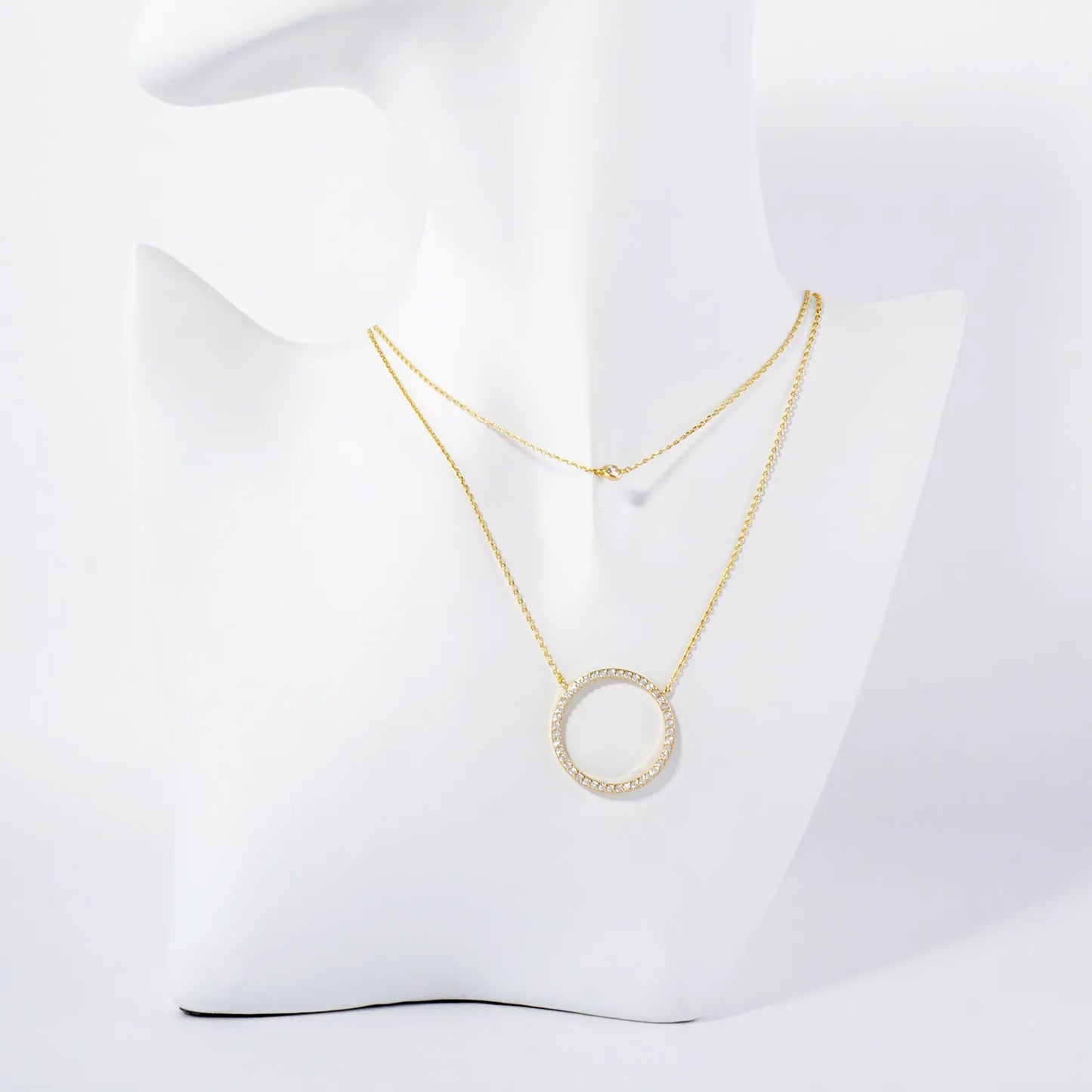 Pave-Set CZ Circle Pendant 18K-Gold-Dipped Layered Necklace