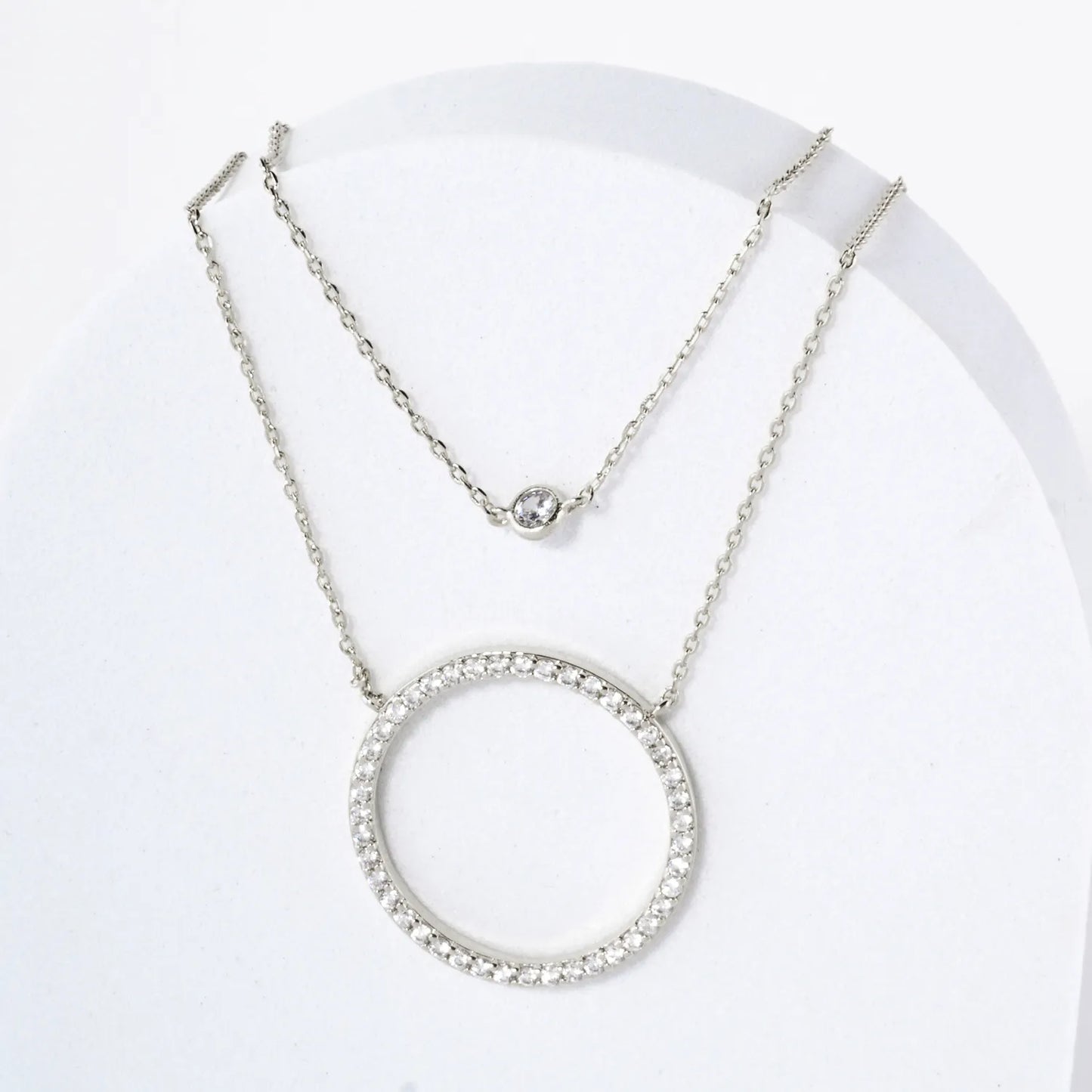 Pave-Set CZ Circle Pendant 18K-Gold-Dipped Layered Necklace