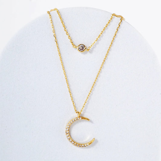 Pave-Set CZ Crescent Moon Pendant 18K-Gold-Dipped Layered Necklace