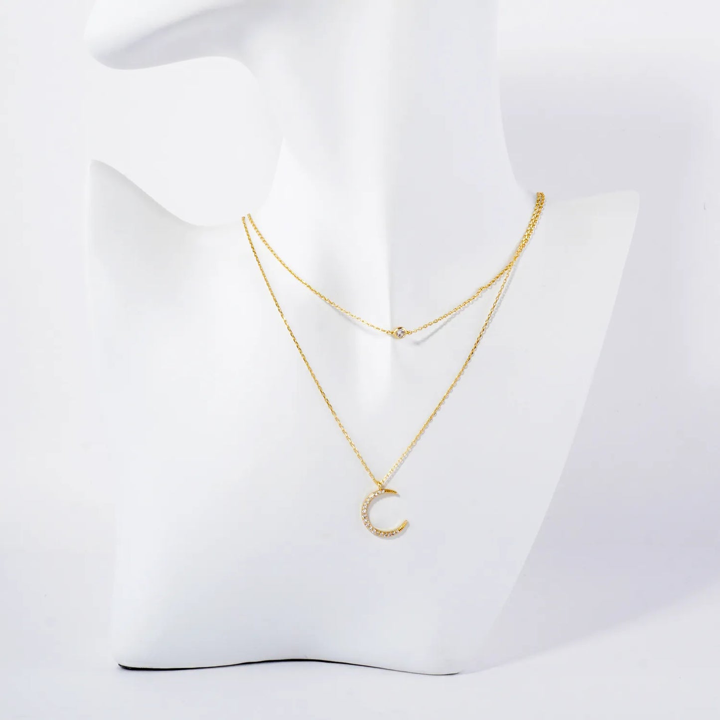 Pave-Set CZ Crescent Moon Pendant 18K-Gold-Dipped Layered Necklace
