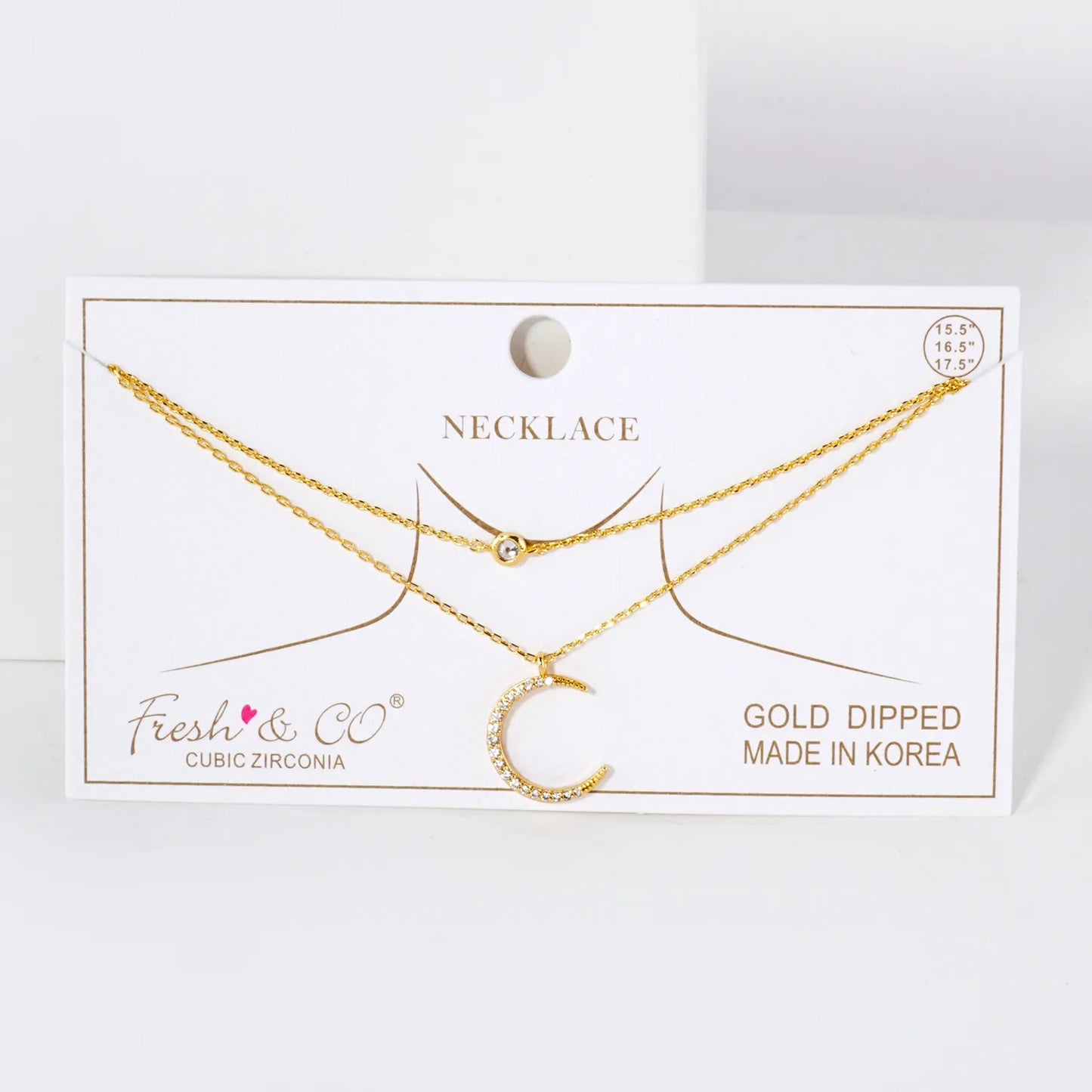Pave-Set CZ Crescent Moon Pendant 18K-Gold-Dipped Layered Necklace