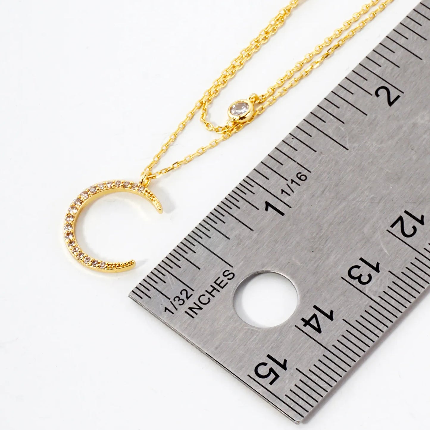 Pave-Set CZ Crescent Moon Pendant 18K-Gold-Dipped Layered Necklace