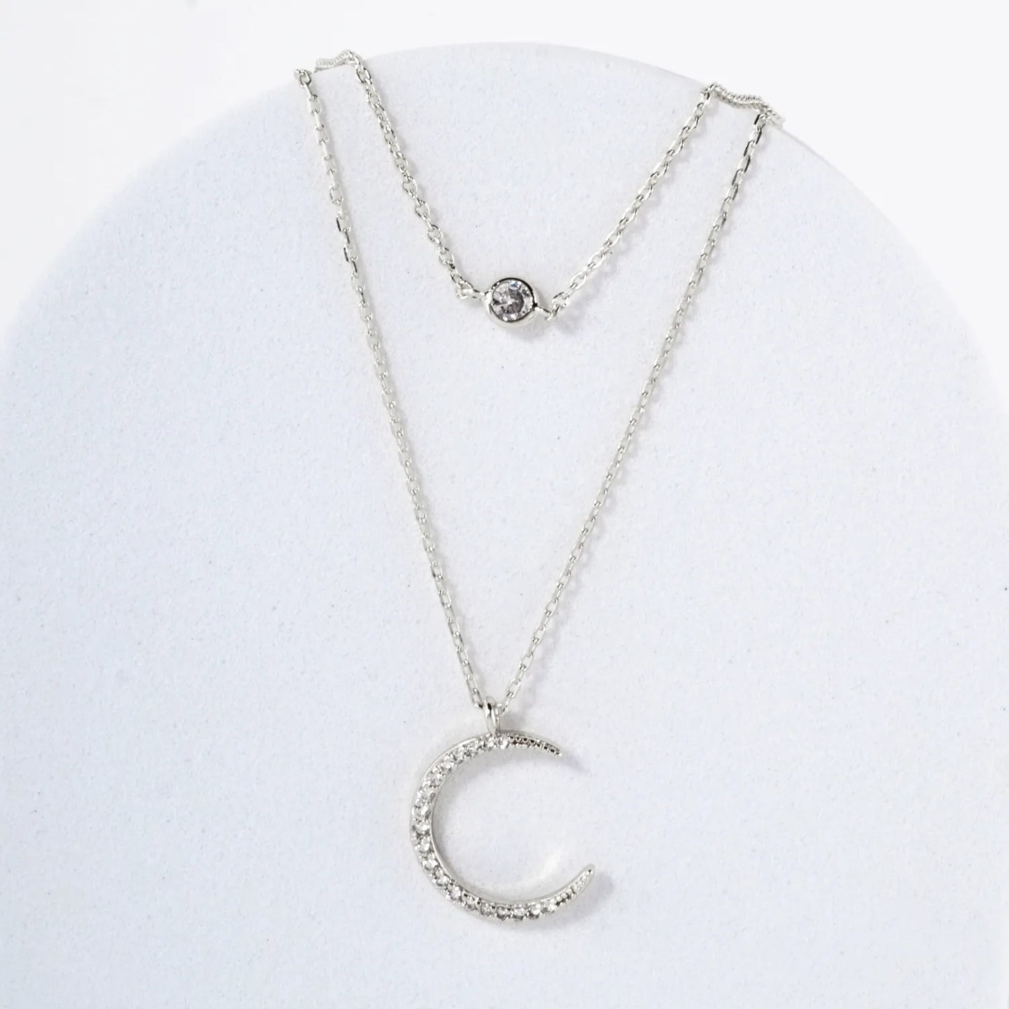 Pave-Set CZ Crescent Moon Pendant 18K-Gold-Dipped Layered Necklace