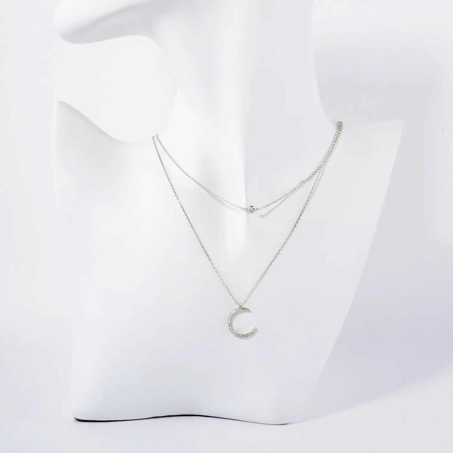 Pave-Set CZ Crescent Moon Pendant 18K-Gold-Dipped Layered Necklace