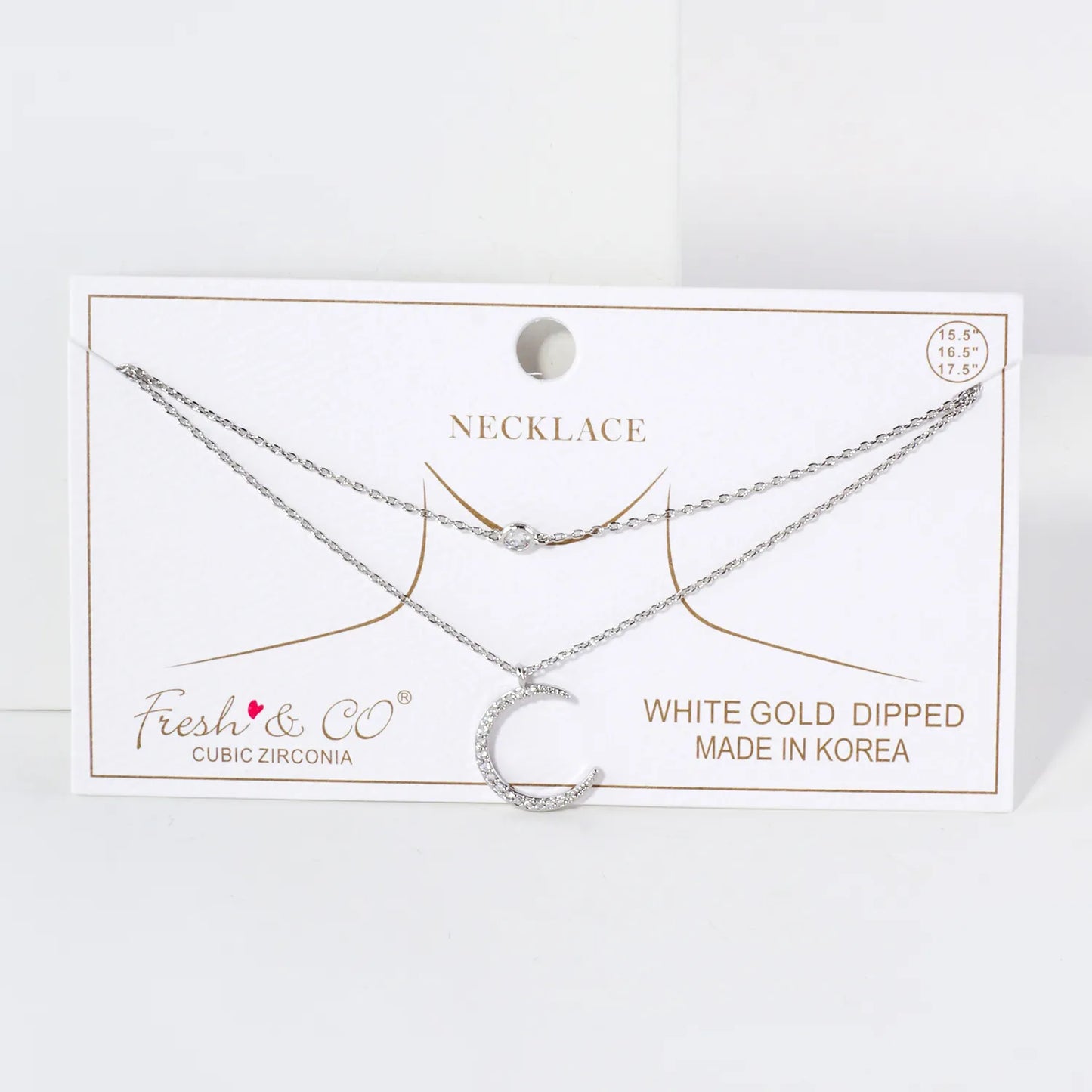Pave-Set CZ Crescent Moon Pendant 18K-Gold-Dipped Layered Necklace