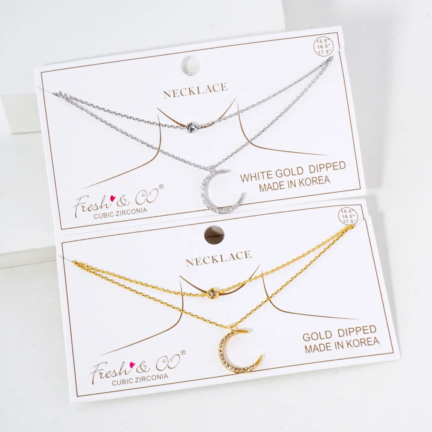 Pave-Set CZ Crescent Moon Pendant 18K-Gold-Dipped Layered Necklace