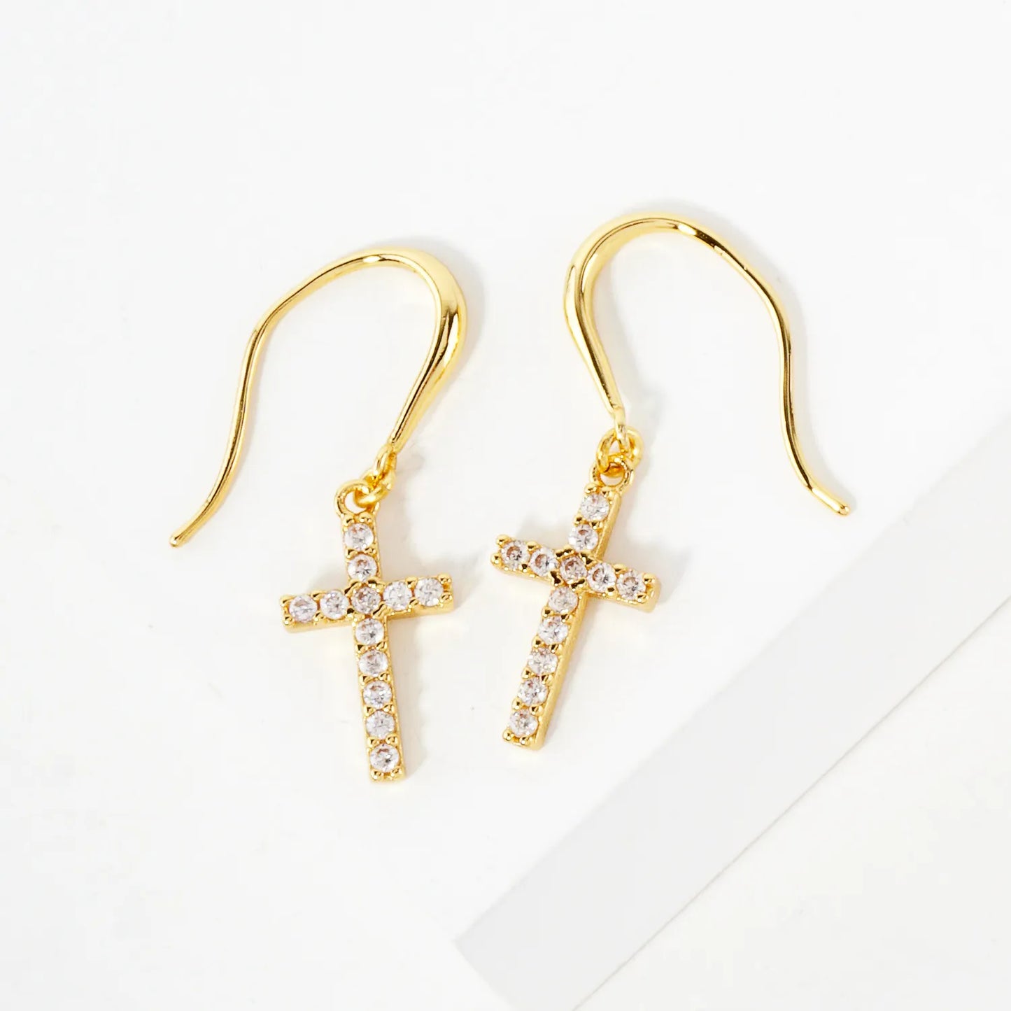 Pave-Set CZ Cross Drop 18K-Gold-Dipped Brass Earrings
