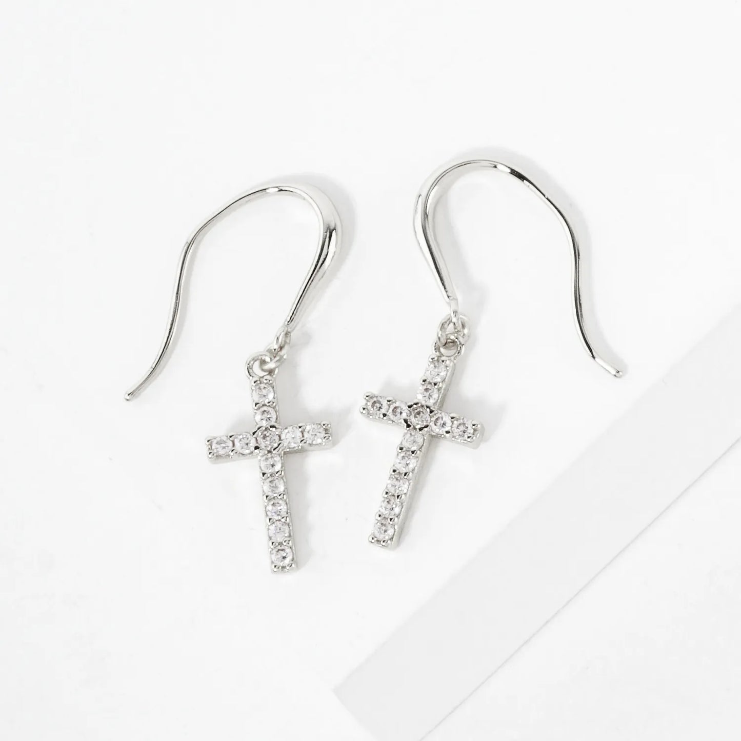 Pave-Set CZ Cross Drop 18K-Gold-Dipped Brass Earrings