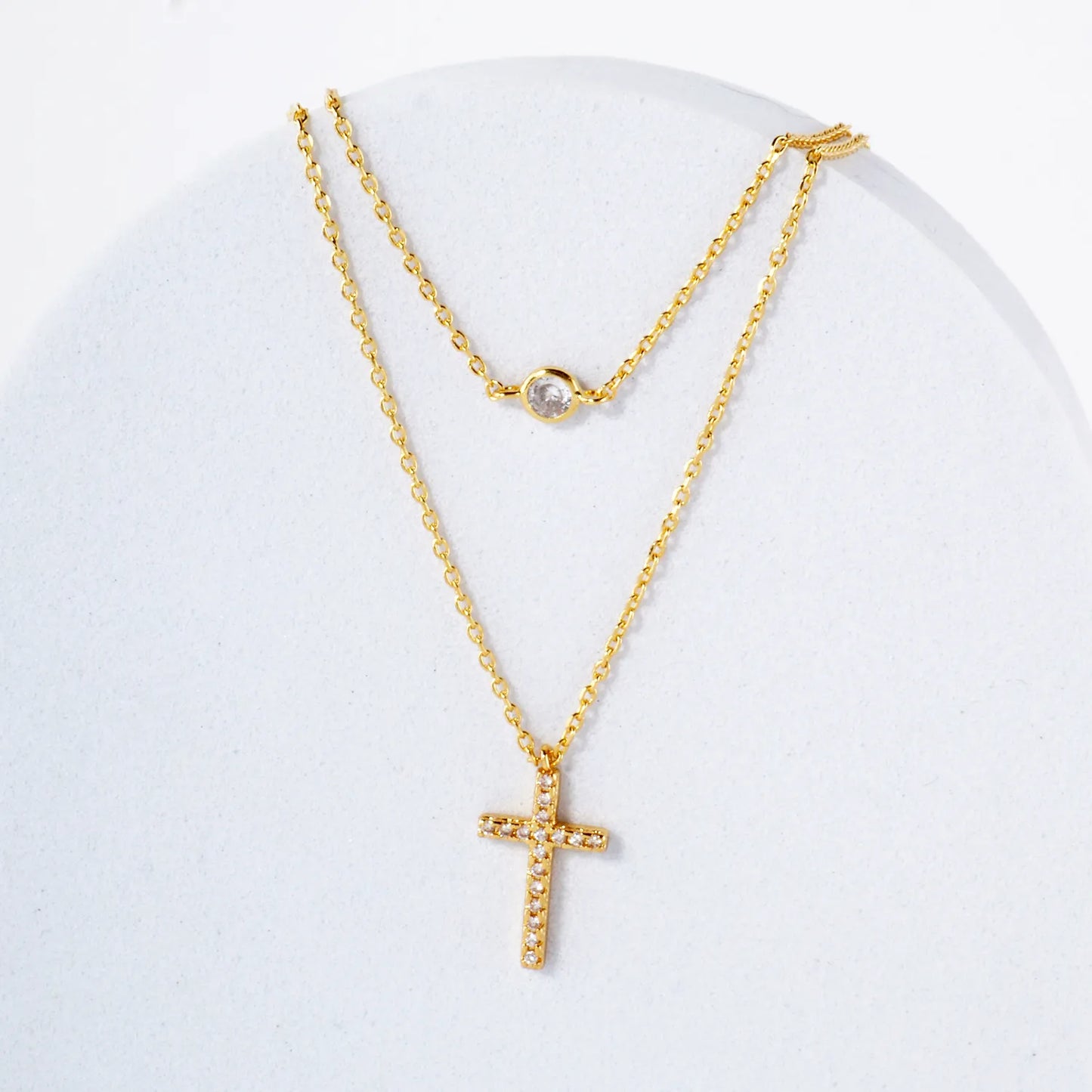Pave-Set CZ Cross Pendant 18K-Gold-Dipped Layered Necklace