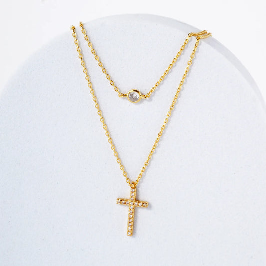 Pave-Set CZ Cross Pendant 18K-Gold-Dipped Layered Necklace