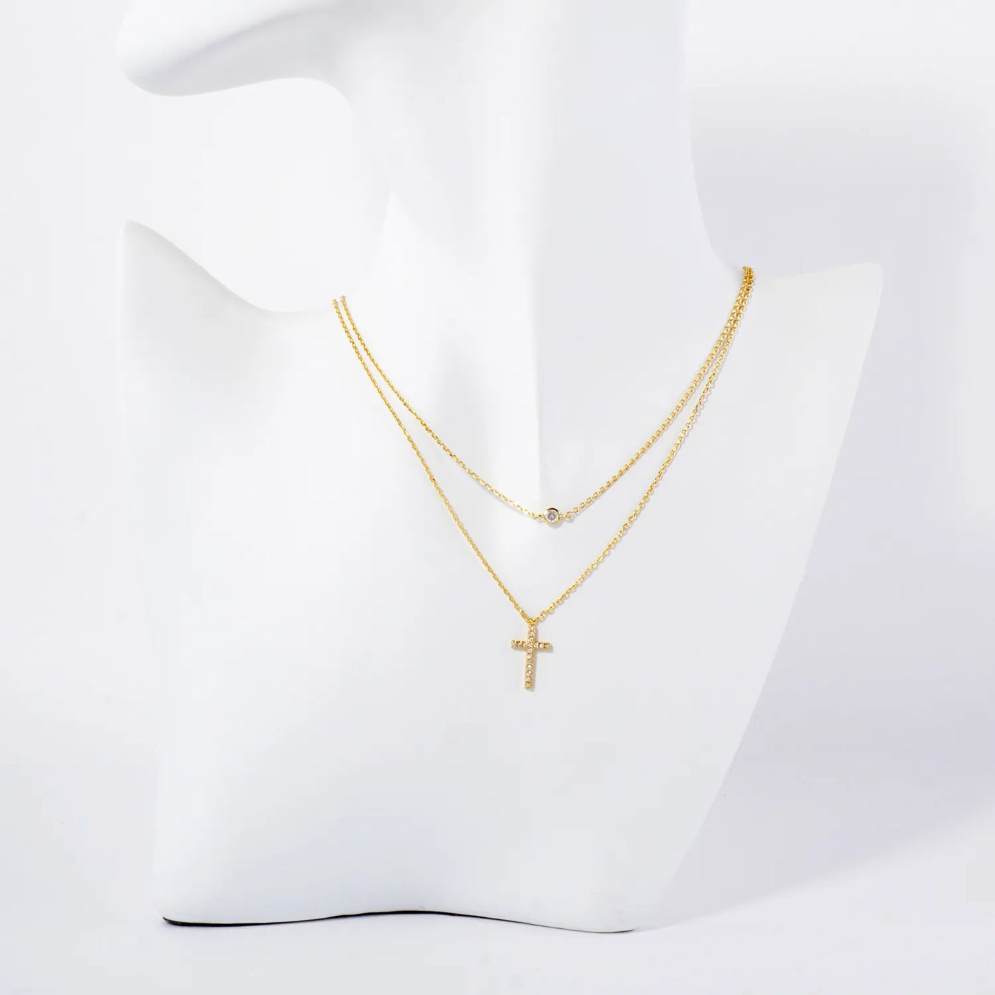 Pave-Set CZ Cross Pendant 18K-Gold-Dipped Layered Necklace