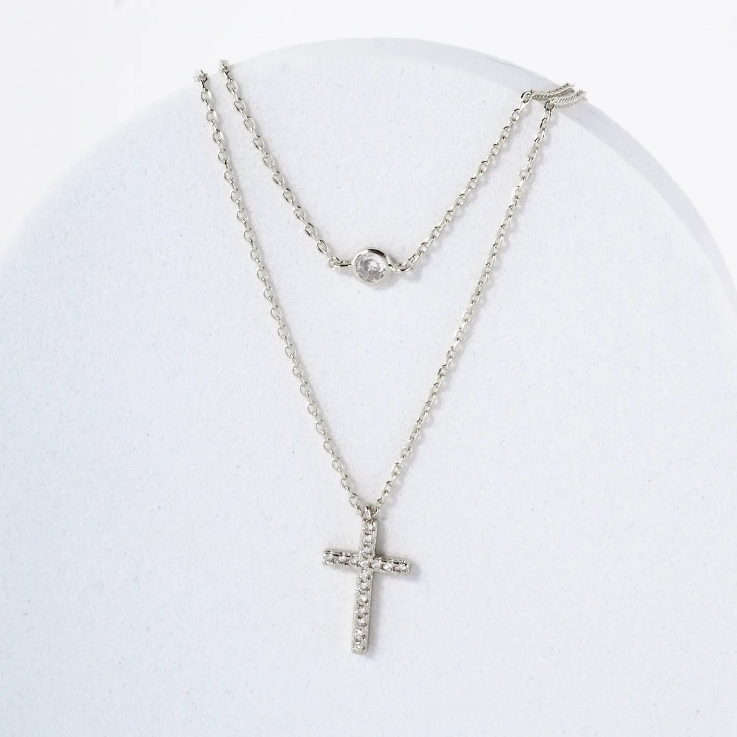 Pave-Set CZ Cross Pendant 18K-Gold-Dipped Layered Necklace