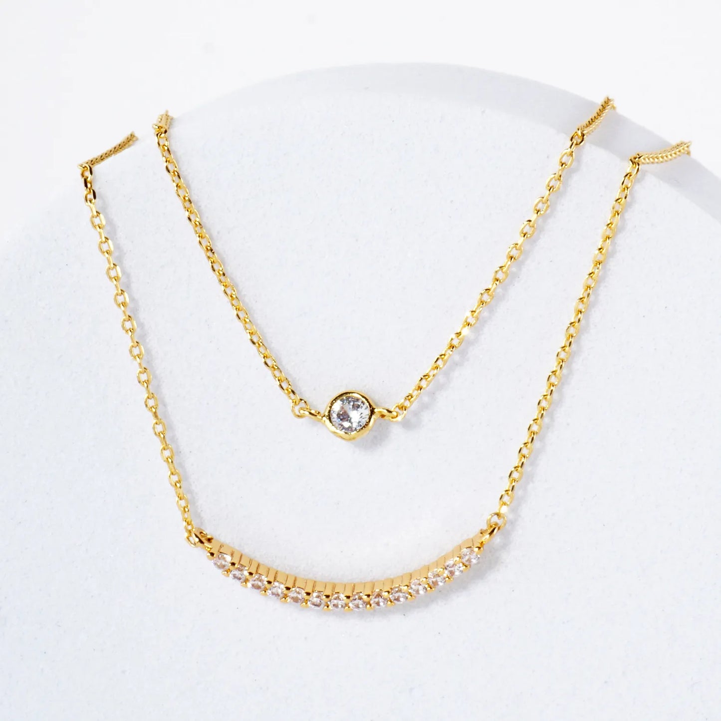 Pave-Set CZ Curved Bar Pendant 18K-Gold-Dipped Layered Necklace