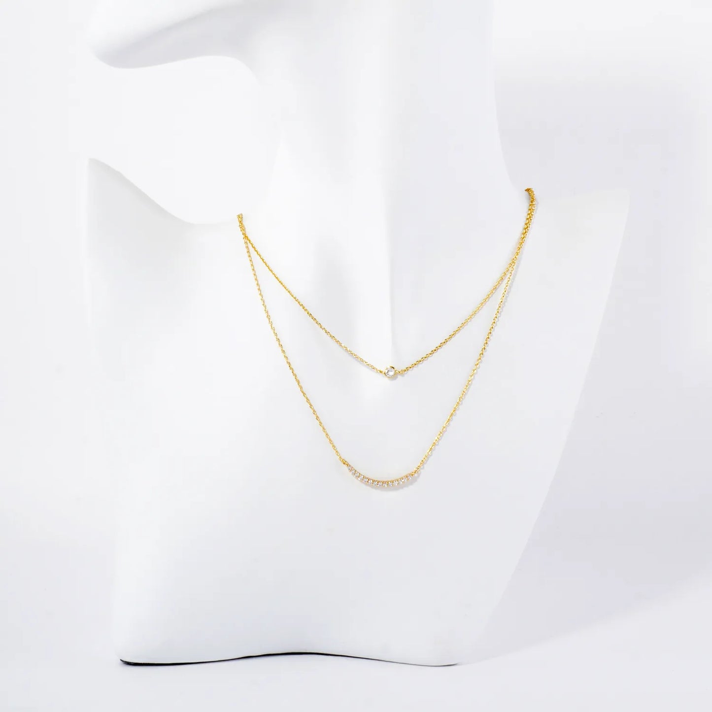 Pave-Set CZ Curved Bar Pendant 18K-Gold-Dipped Layered Necklace