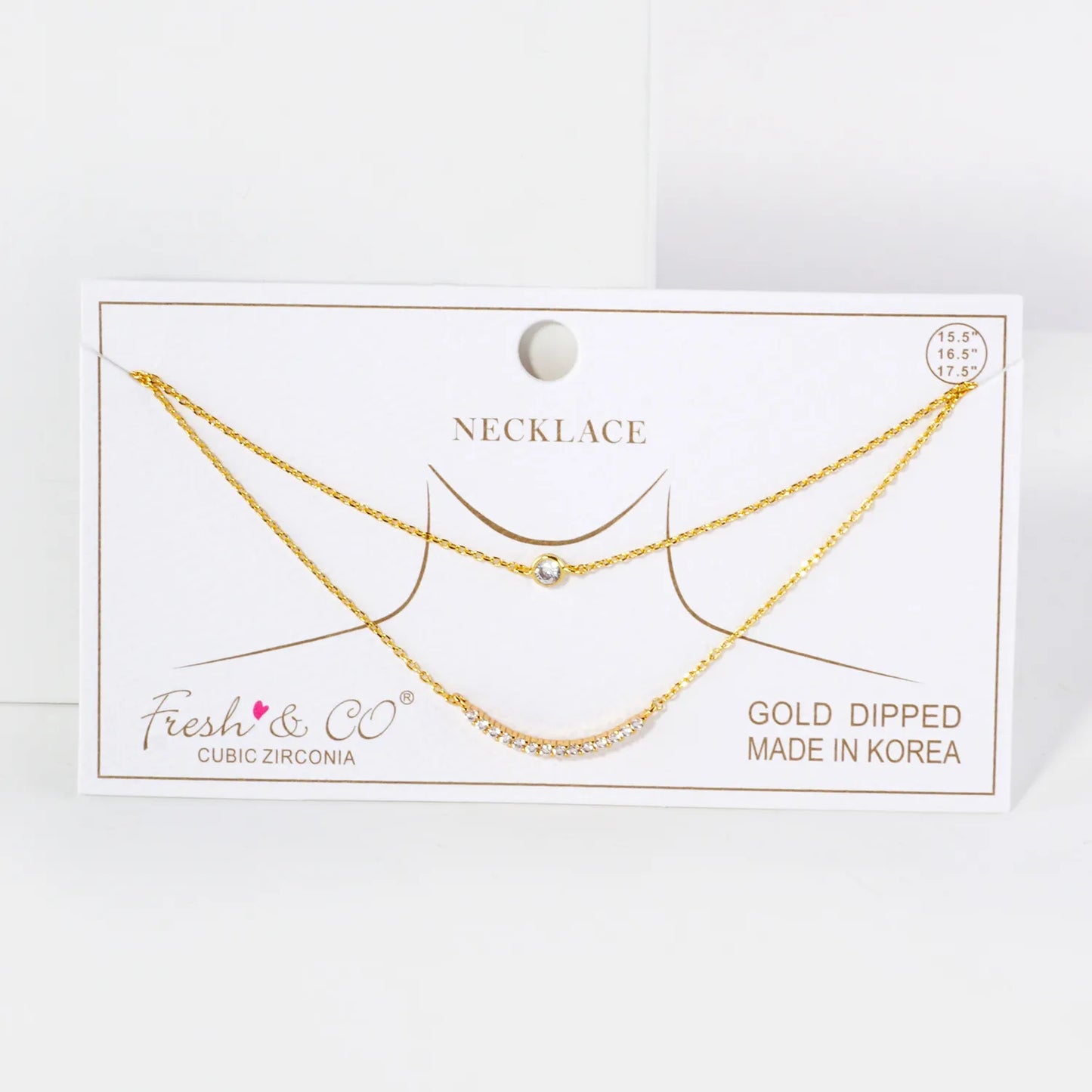 Pave-Set CZ Curved Bar Pendant 18K-Gold-Dipped Layered Necklace