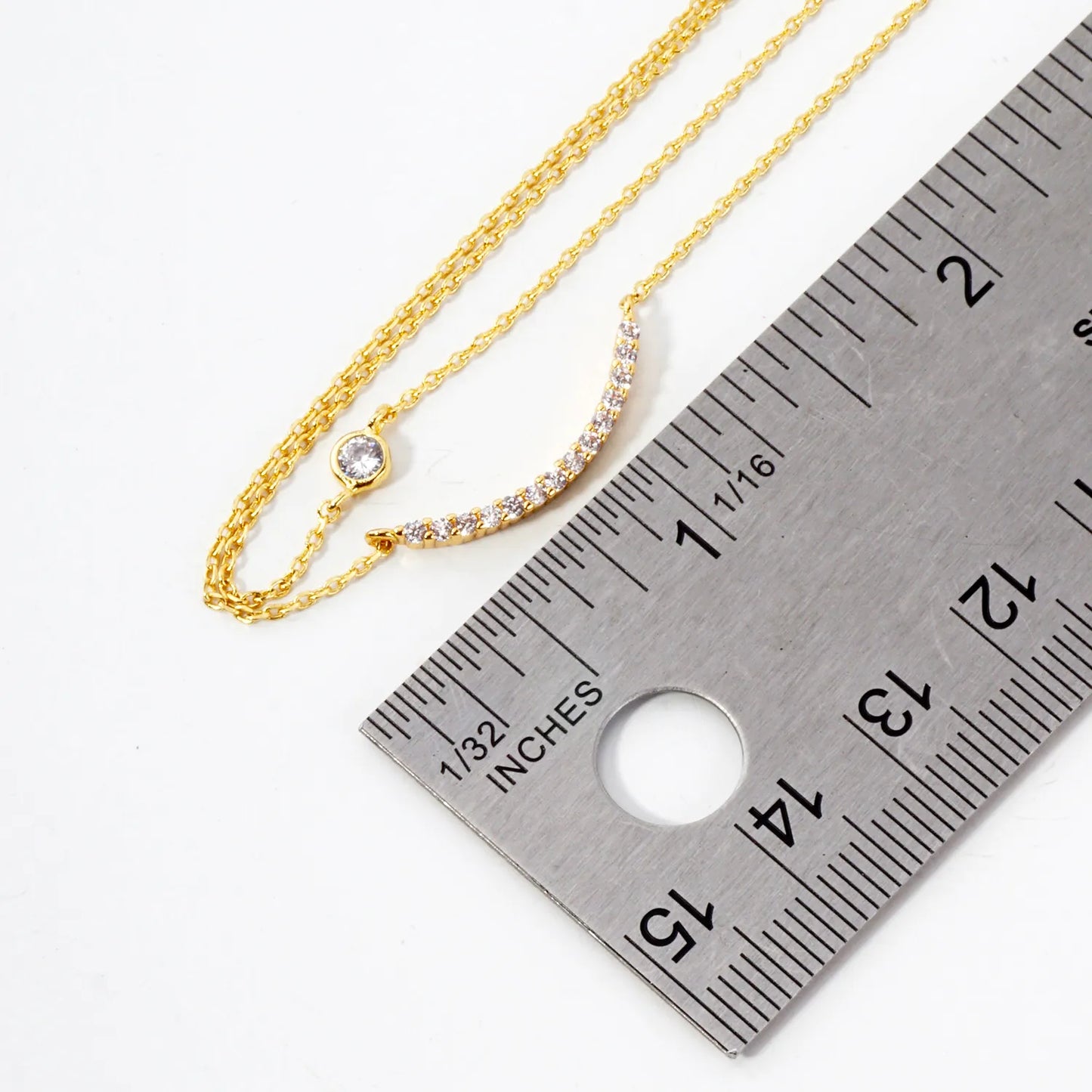 Pave-Set CZ Curved Bar Pendant 18K-Gold-Dipped Layered Necklace