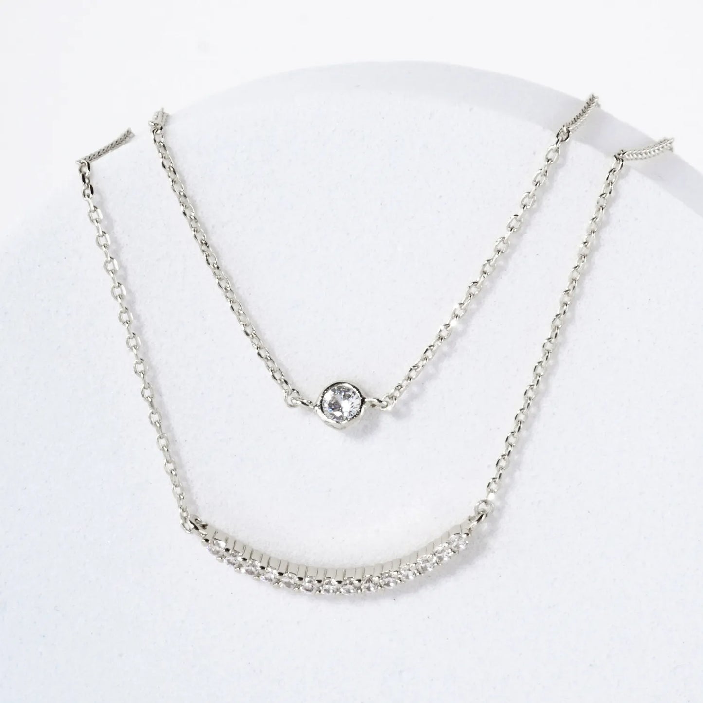 Pave-Set CZ Curved Bar Pendant 18K-Gold-Dipped Layered Necklace