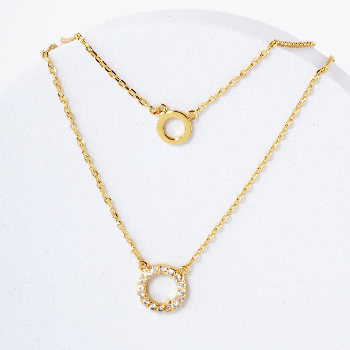 Pave-Set CZ Double Circle Pendant 18K-Gold-Dipped Layered Necklace