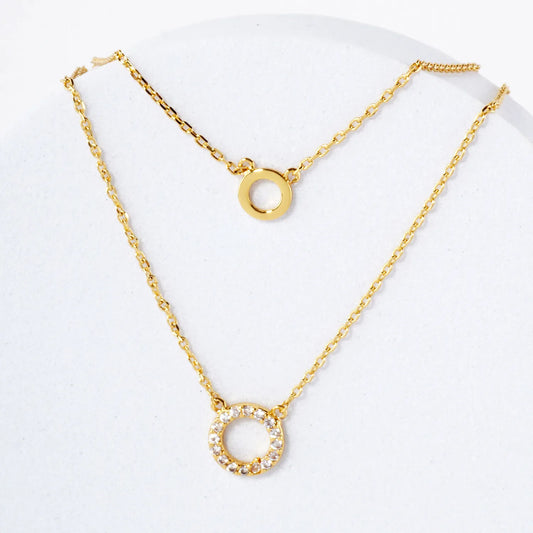 Pave-Set CZ Double Circle Pendant 18K-Gold-Dipped Layered Necklace