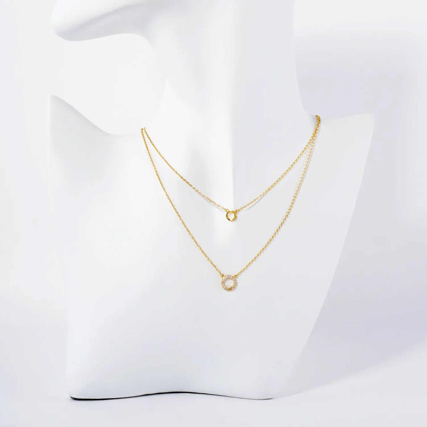 Pave-Set CZ Double Circle Pendant 18K-Gold-Dipped Layered Necklace