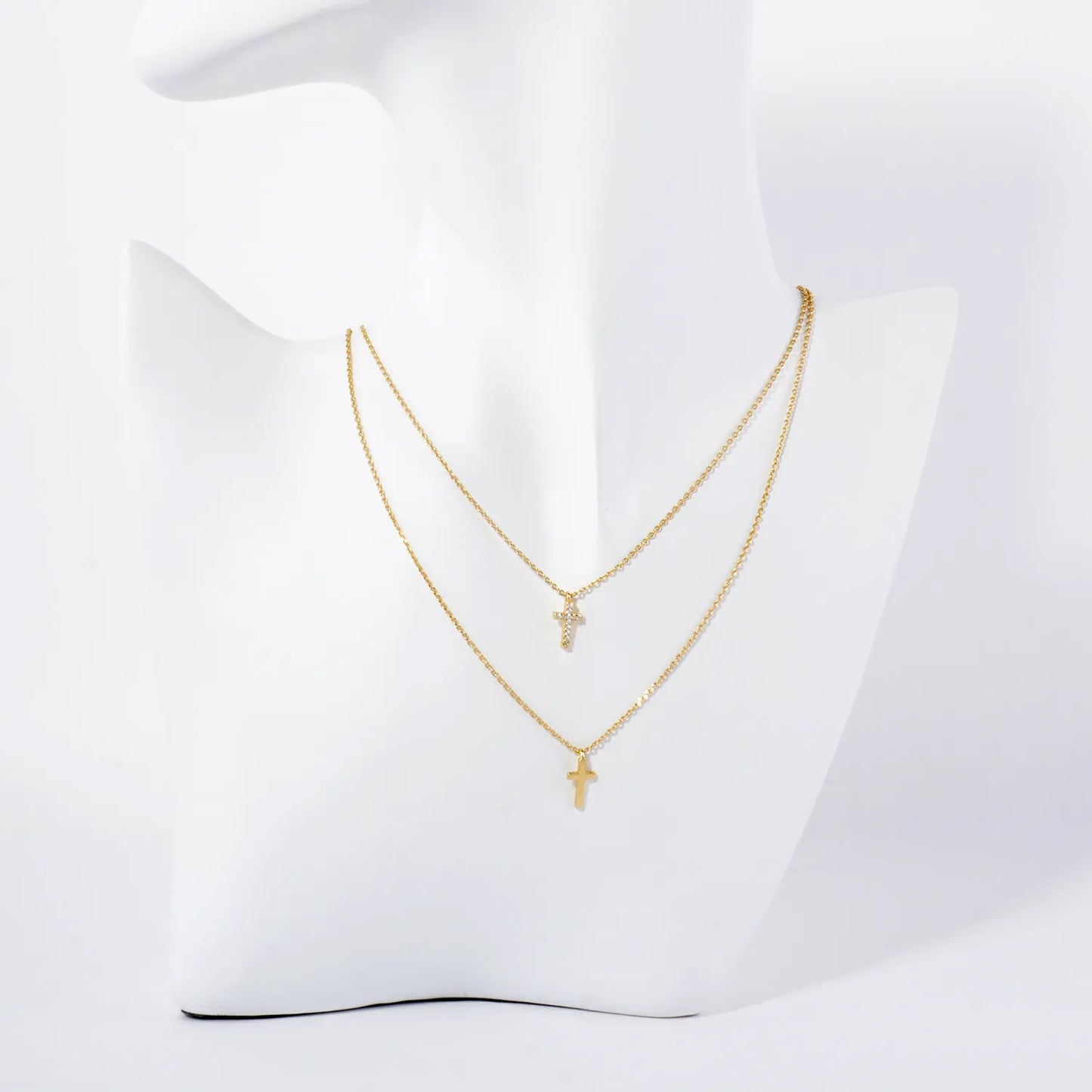 Pave-Set CZ Double Cross Pendant 18K-Gold-Dipped Layered Necklace