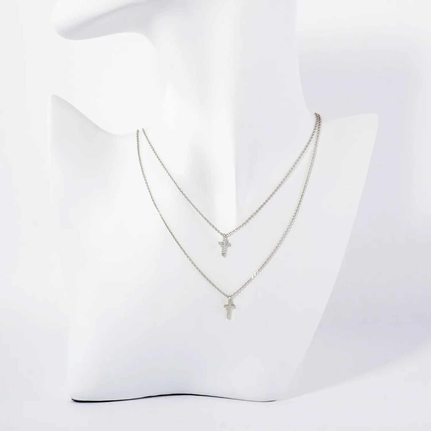 Pave-Set CZ Double Cross Pendant 18K-Gold-Dipped Layered Necklace