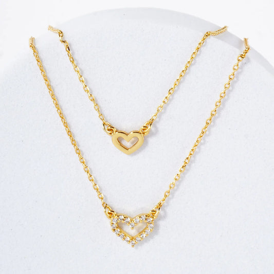 Pave-Set CZ Double Heart Pendant 18K-Gold-Dipped Layered Necklace