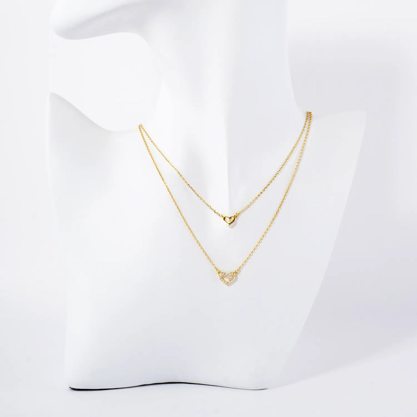 Pave-Set CZ Double Heart Pendant 18K-Gold-Dipped Layered Necklace