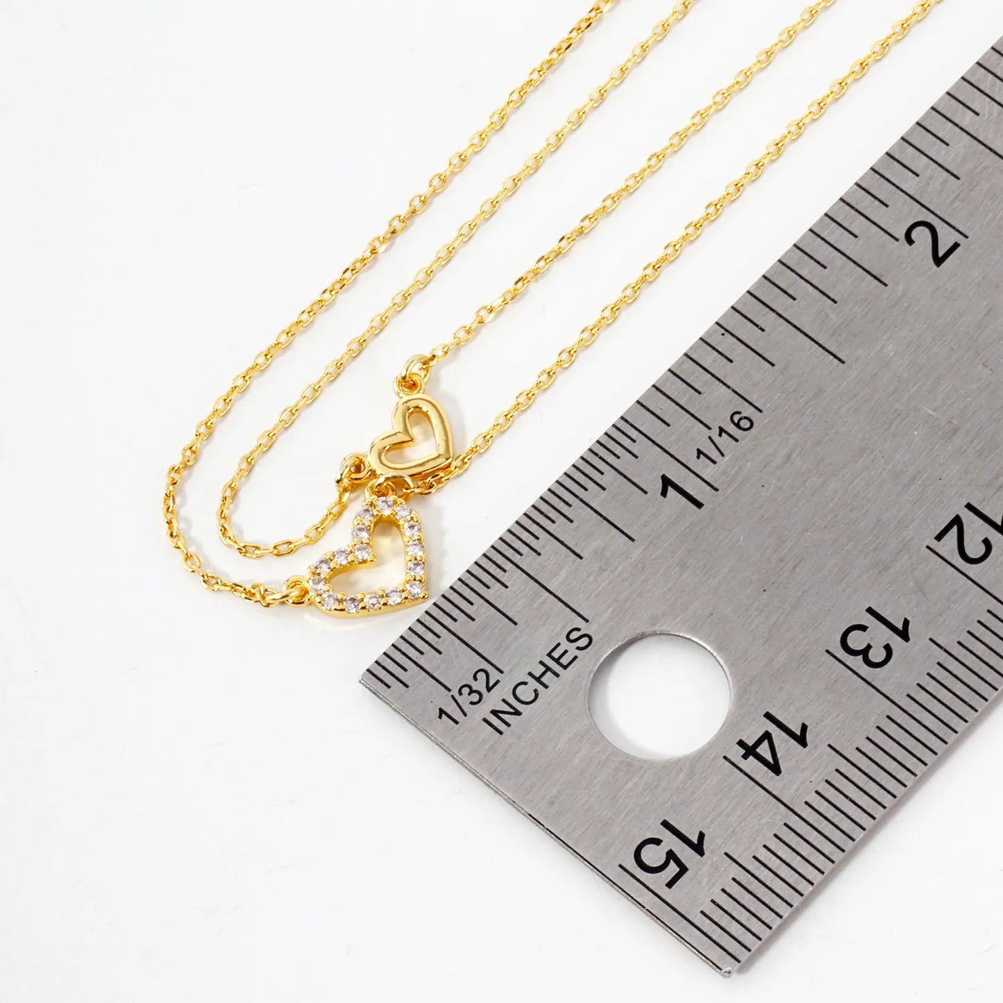 Pave-Set CZ Double Heart Pendant 18K-Gold-Dipped Layered Necklace