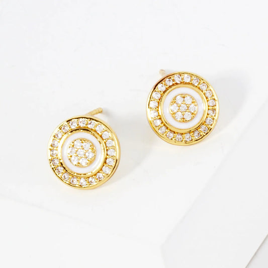 Pave-Set CZ Enamel 10mm 14K-Gold-Dipped Button Brass Stud Earrings