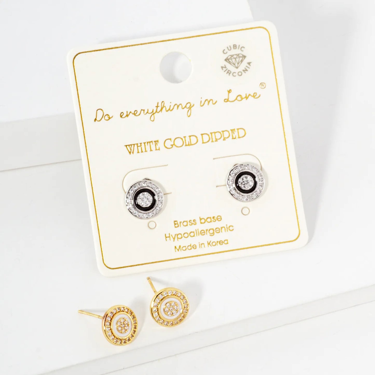 Pave-Set CZ Enamel 10mm 14K-Gold-Dipped Button Brass Stud Earrings