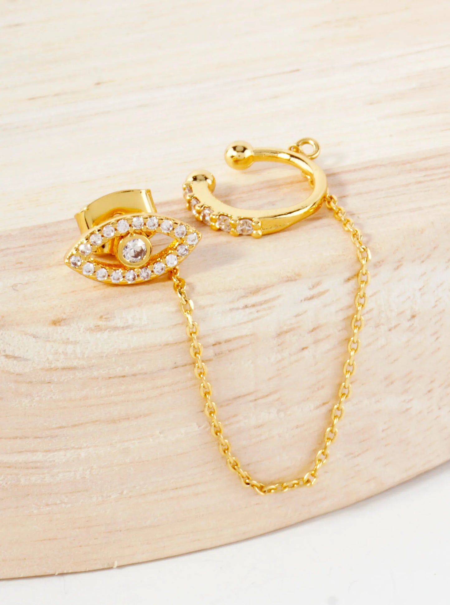 Pave-Set CZ Evil-Eye Stud And Ear Cuff Drape Chain 18K-Gold-Dipped Earring Set