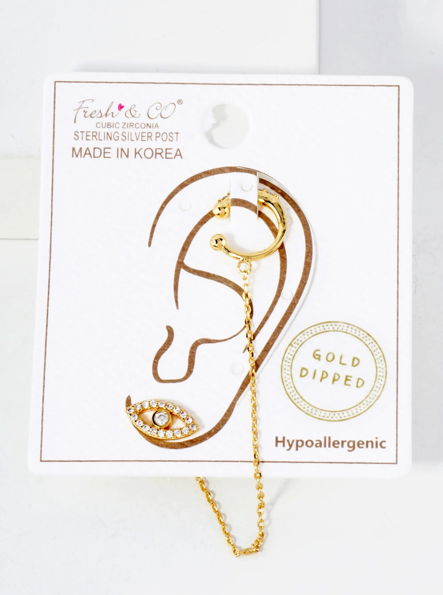 Pave-Set CZ Evil-Eye Stud And Ear Cuff Drape Chain 18K-Gold-Dipped Earring Set
