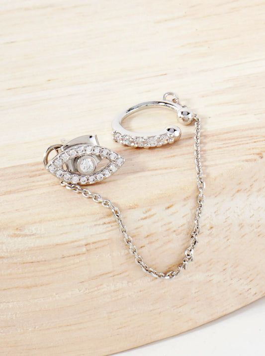 Pave-Set CZ Evil-Eye Stud And Ear Cuff Drape Chain 18K-Gold-Dipped Earring Set