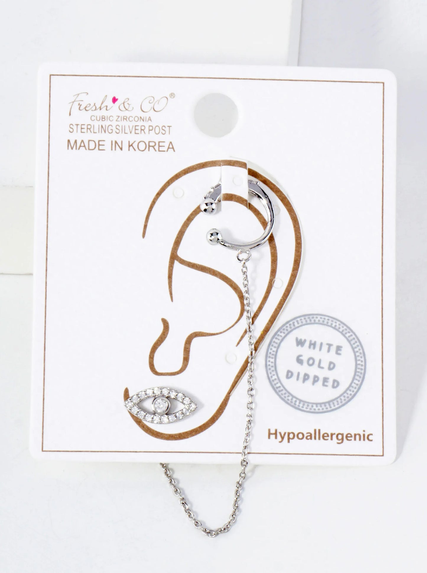 Pave-Set CZ Evil-Eye Stud And Ear Cuff Drape Chain 18K-Gold-Dipped Earring Set