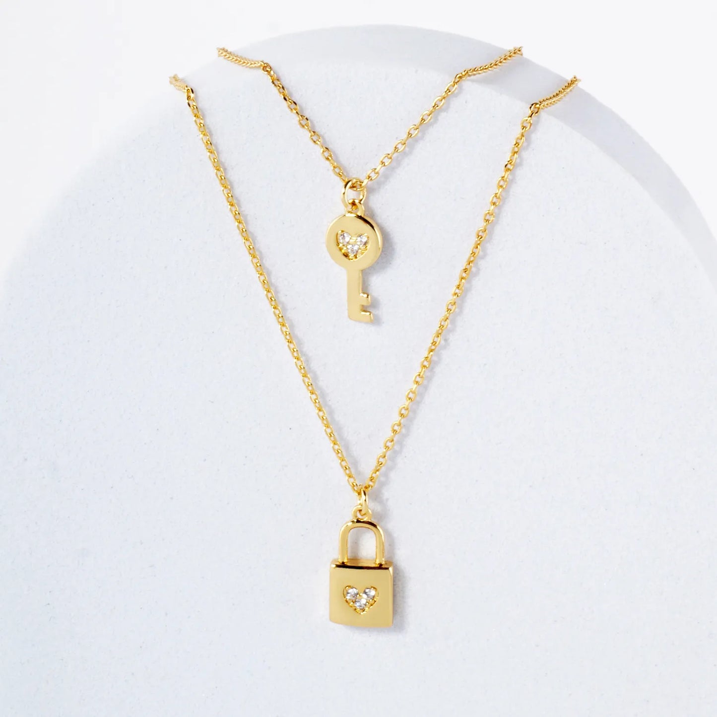 Pave-Set CZ Heart Padlock And Key Pendant 18K-Gold-Dipped Layered Necklace