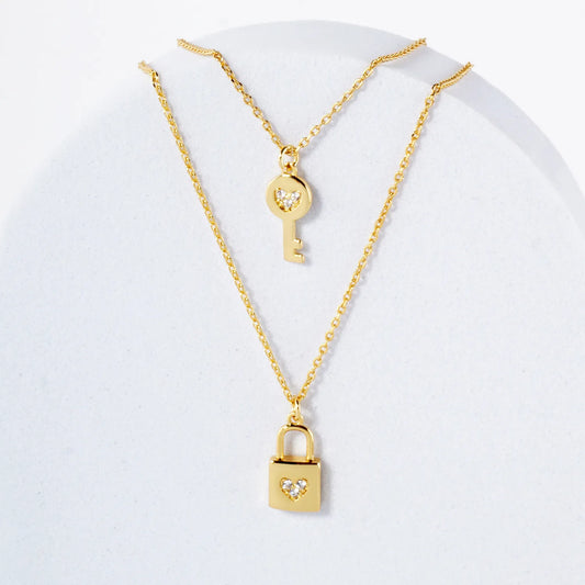 Pave-Set CZ Heart Padlock And Key Pendant 18K-Gold-Dipped Layered Necklace