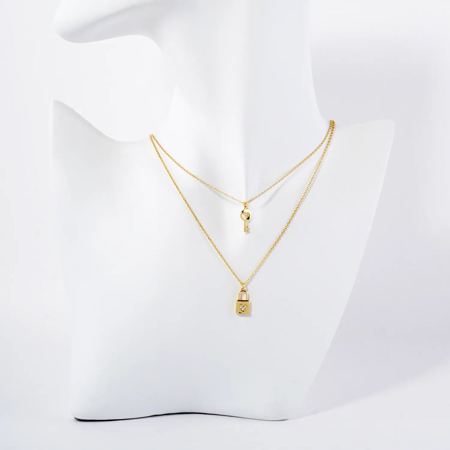 Pave-Set CZ Heart Padlock And Key Pendant 18K-Gold-Dipped Layered Necklace