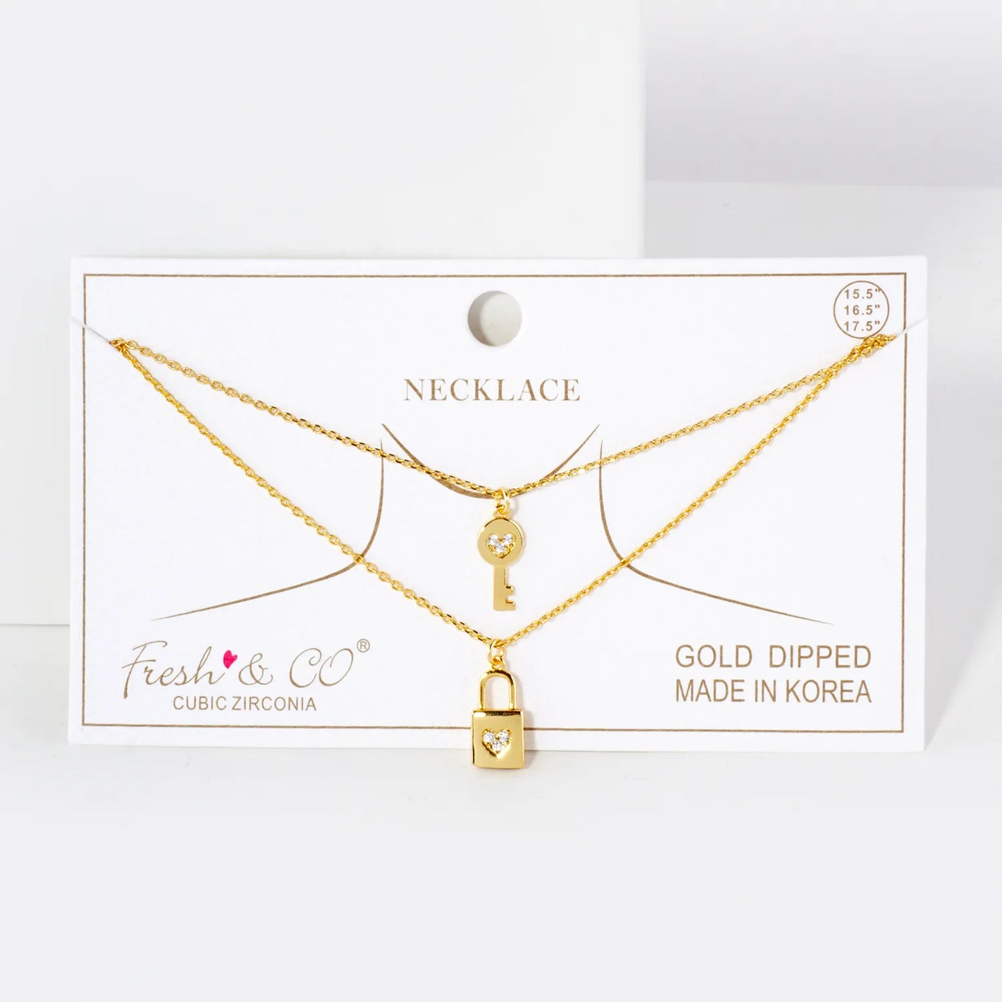 Pave-Set CZ Heart Padlock And Key Pendant 18K-Gold-Dipped Layered Necklace