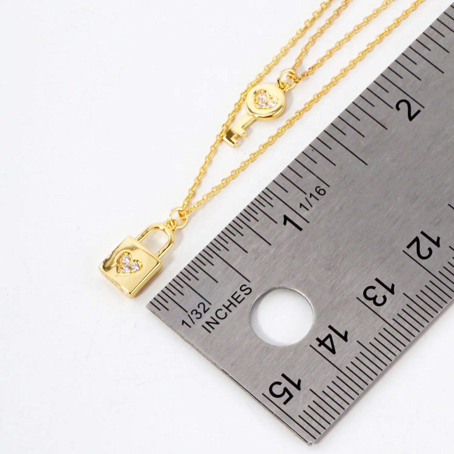 Pave-Set CZ Heart Padlock And Key Pendant 18K-Gold-Dipped Layered Necklace