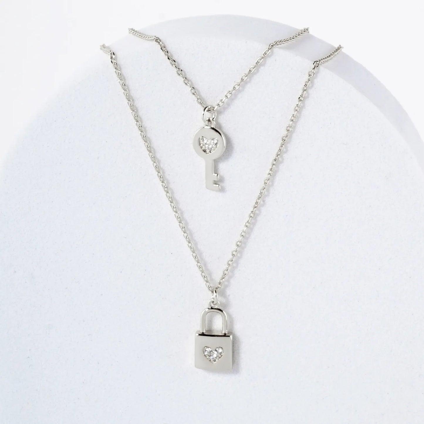 Pave-Set CZ Heart Padlock And Key Pendant 18K-Gold-Dipped Layered Necklace