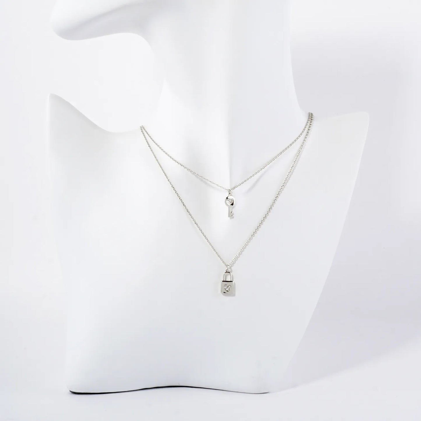 Pave-Set CZ Heart Padlock And Key Pendant 18K-Gold-Dipped Layered Necklace