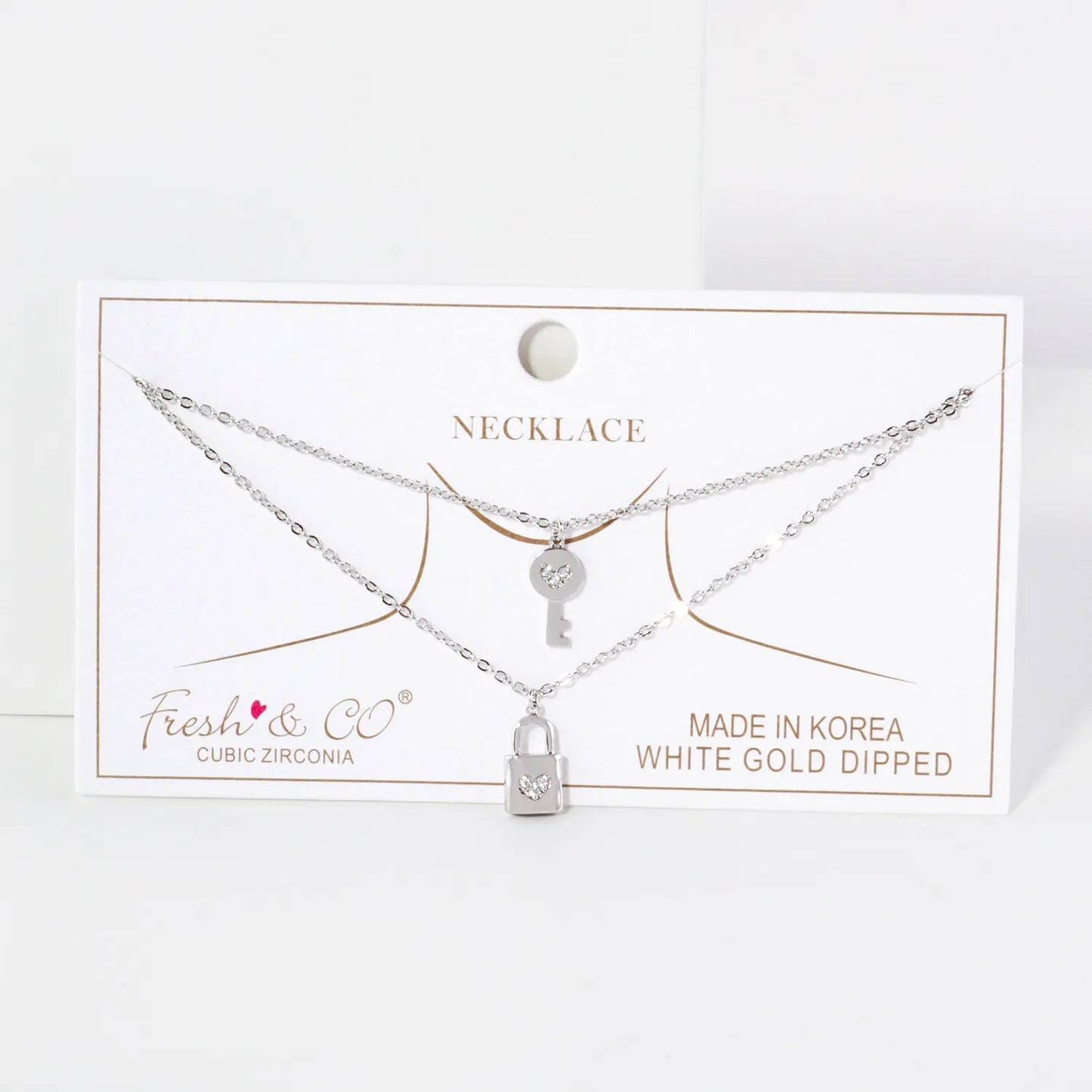 Pave-Set CZ Heart Padlock And Key Pendant 18K-Gold-Dipped Layered Necklace