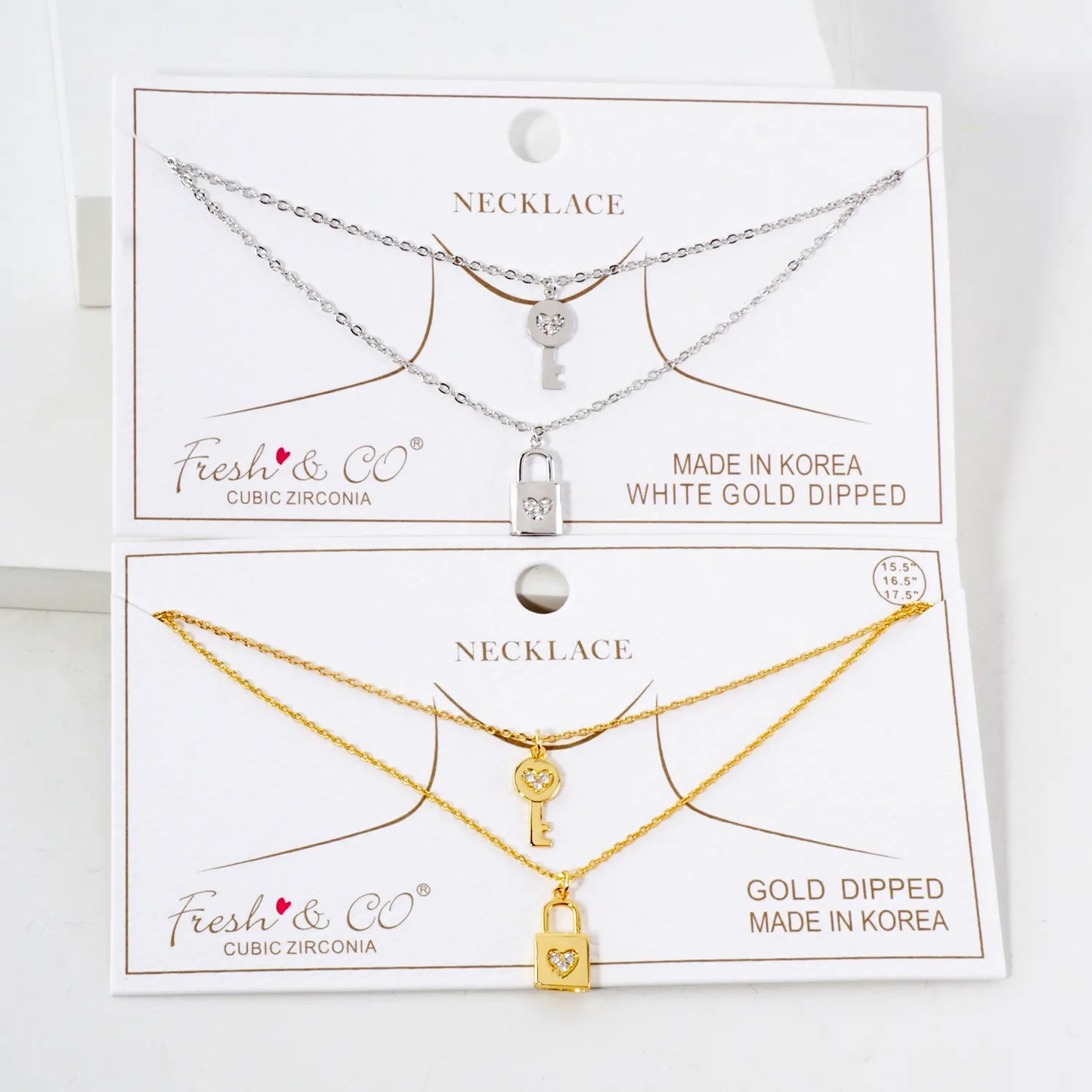 Pave-Set CZ Heart Padlock And Key Pendant 18K-Gold-Dipped Layered Necklace