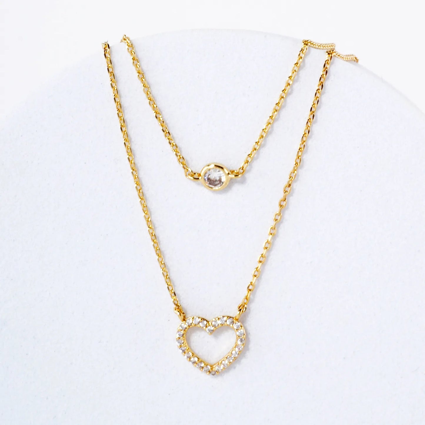 Pave-Set CZ Heart Pendant 18K-Gold-Dipped Layered Necklace